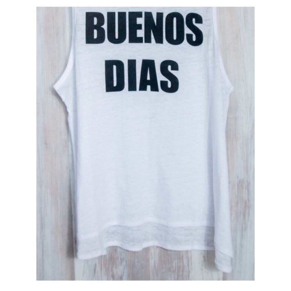 Vintage Chaser White Muscle Tee with Black "BUENOS DIAS" Print Medium